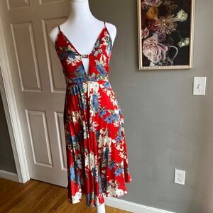 Missguided Red Floral Print Midi Dress Sleeveless Cutout V-Neck Party Coquette